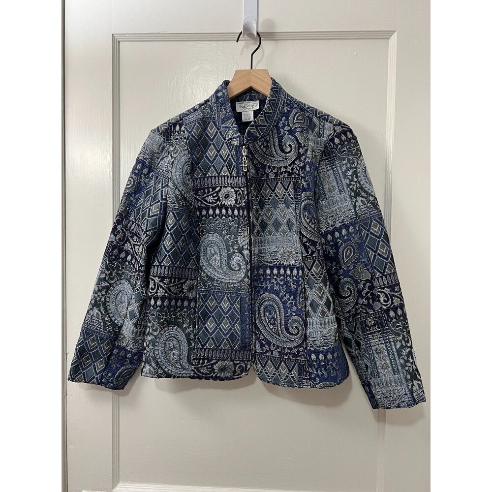 Molly + Maxx Women's Blue Print Tapestry Zip Up Jacket Size L Petite